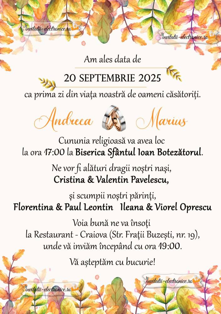 Invitatie de nunta cu frunze de toamna