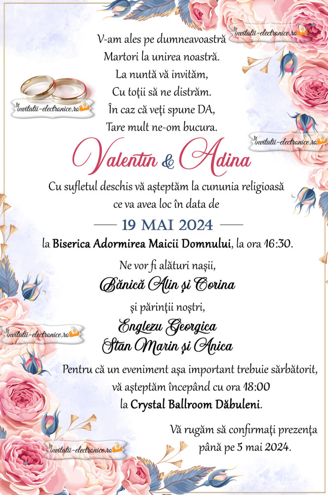 Invitatie de nunta cu flori si verighete