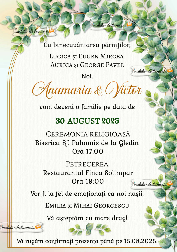 Invitatie de nunta cu frunze watercolor