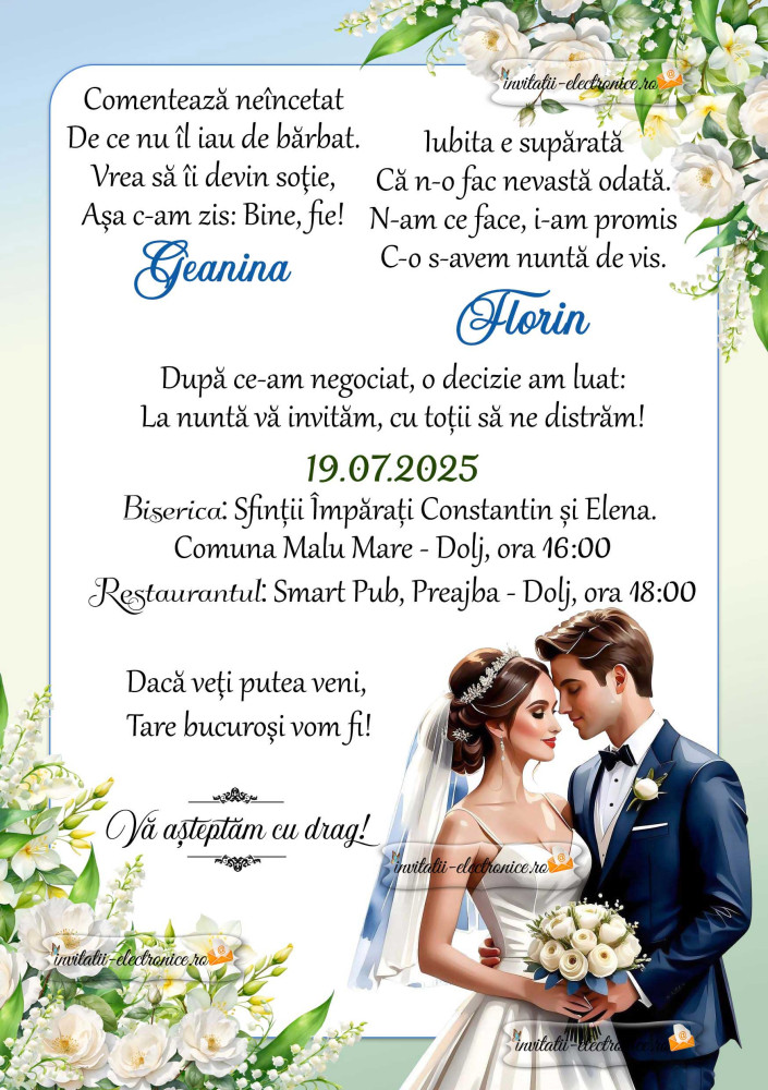 Invitatie de nunta cu flori albe