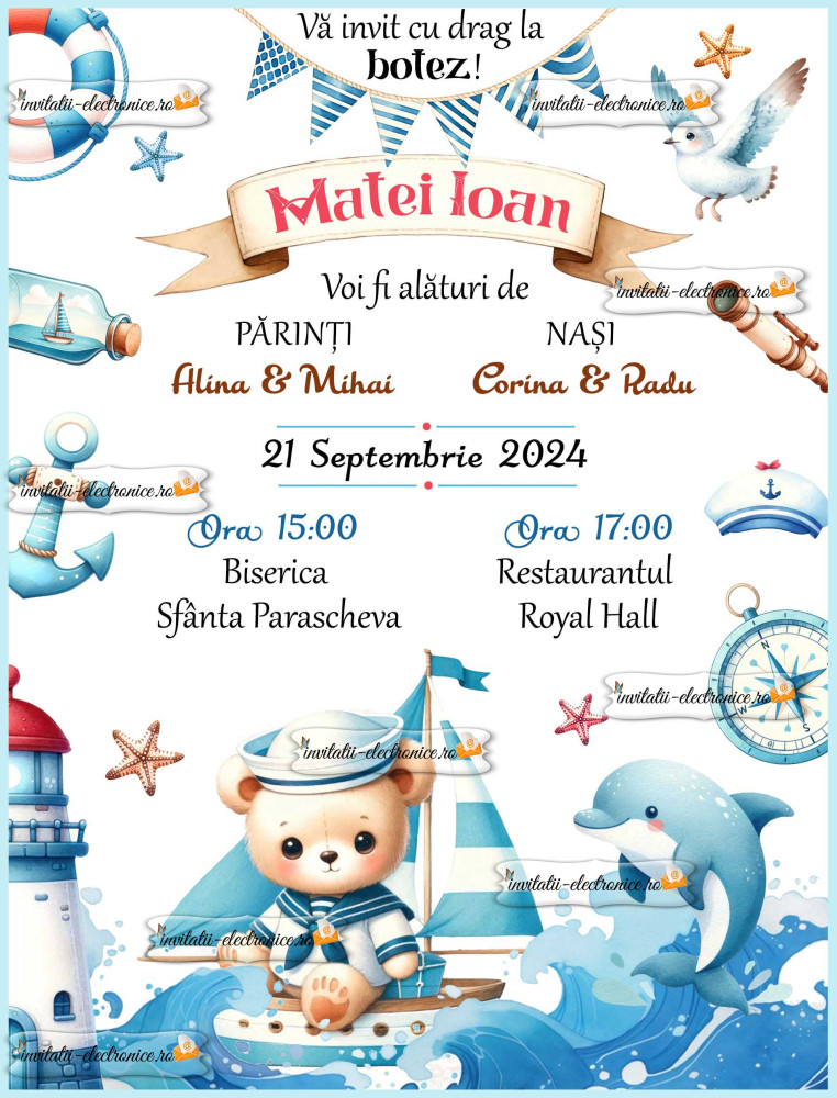 Invitatie de botez cu ursulet marinar