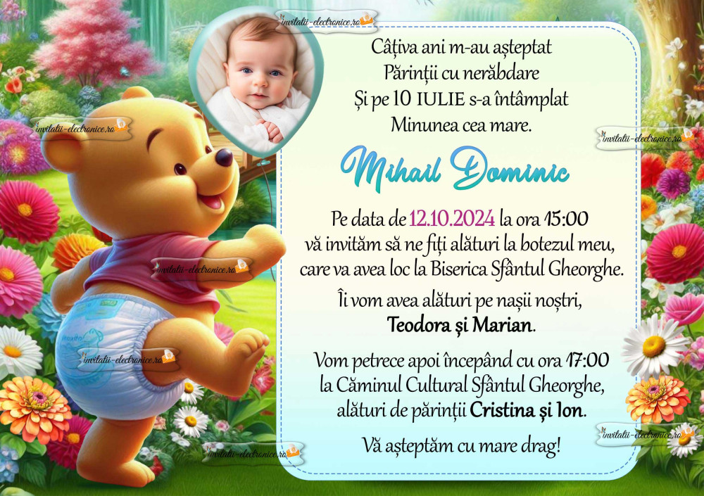 Invitatie de botez cu ursuletul Winnie bebe