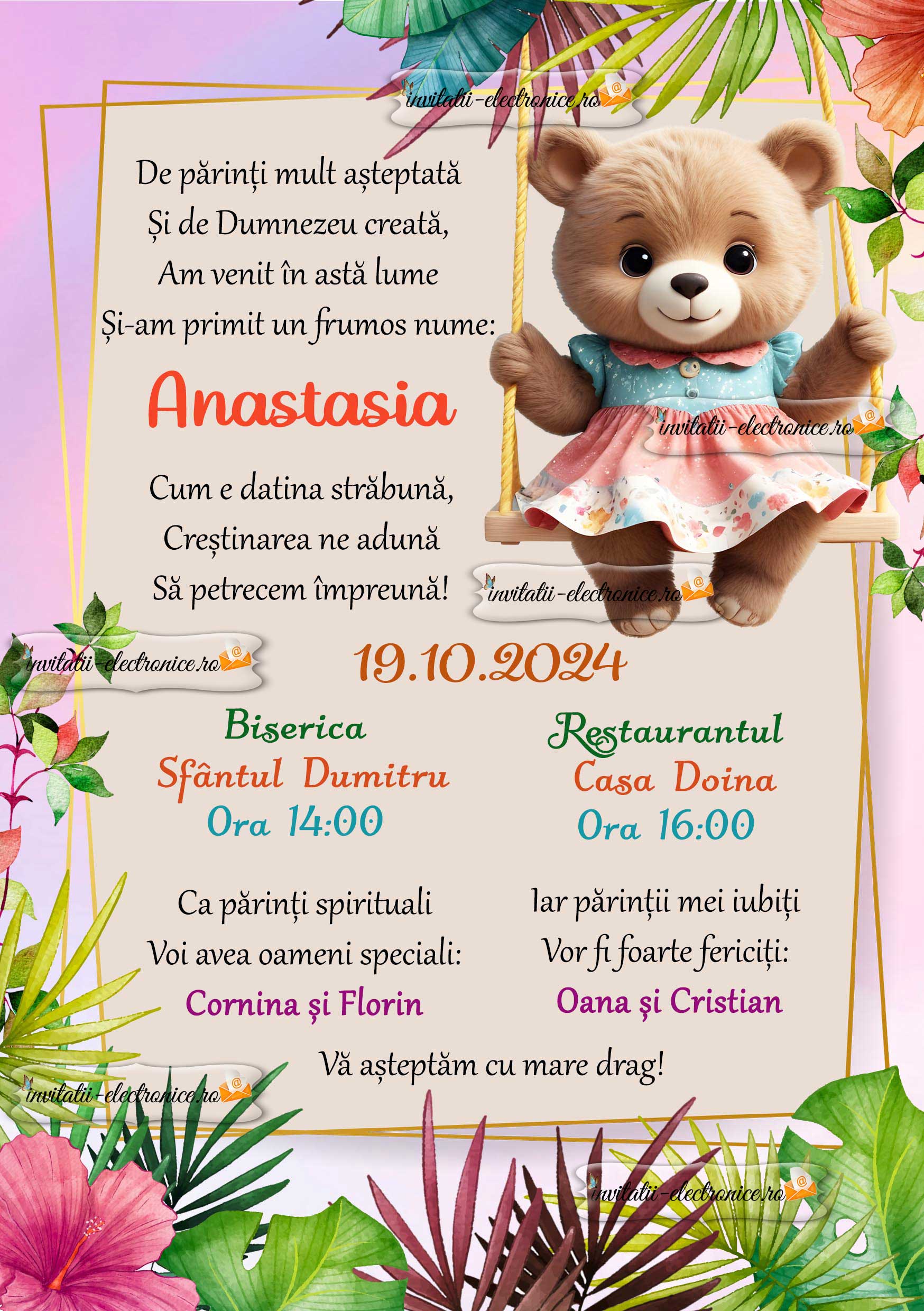 Invitatie la botez fetita cu ursulet in leagan