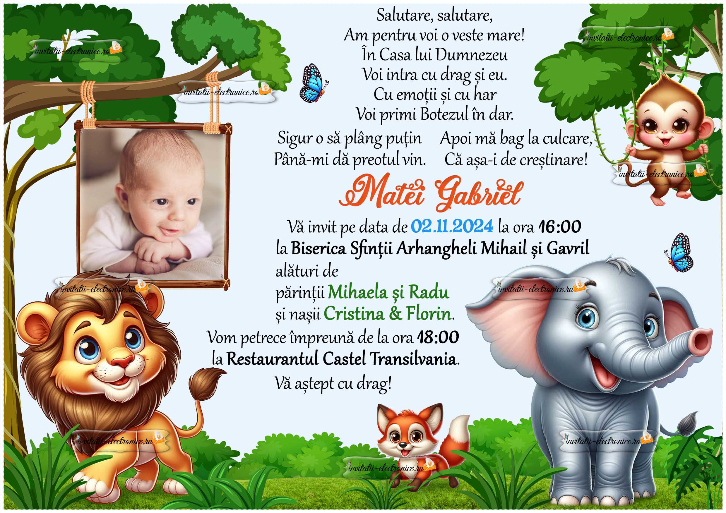 Invitatie la botez cu animale din jungla