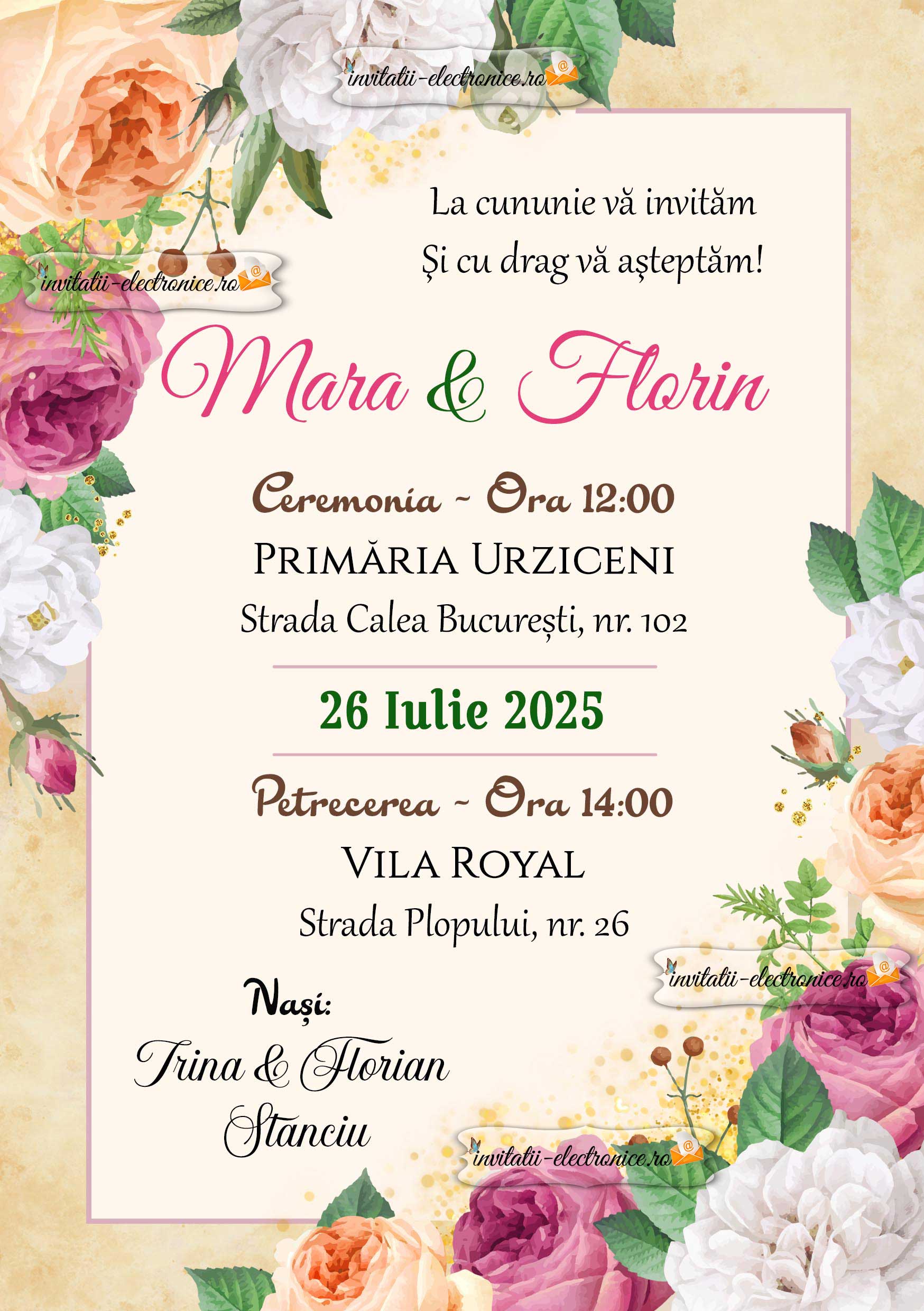 Invitatie la nunta cu trandafiri