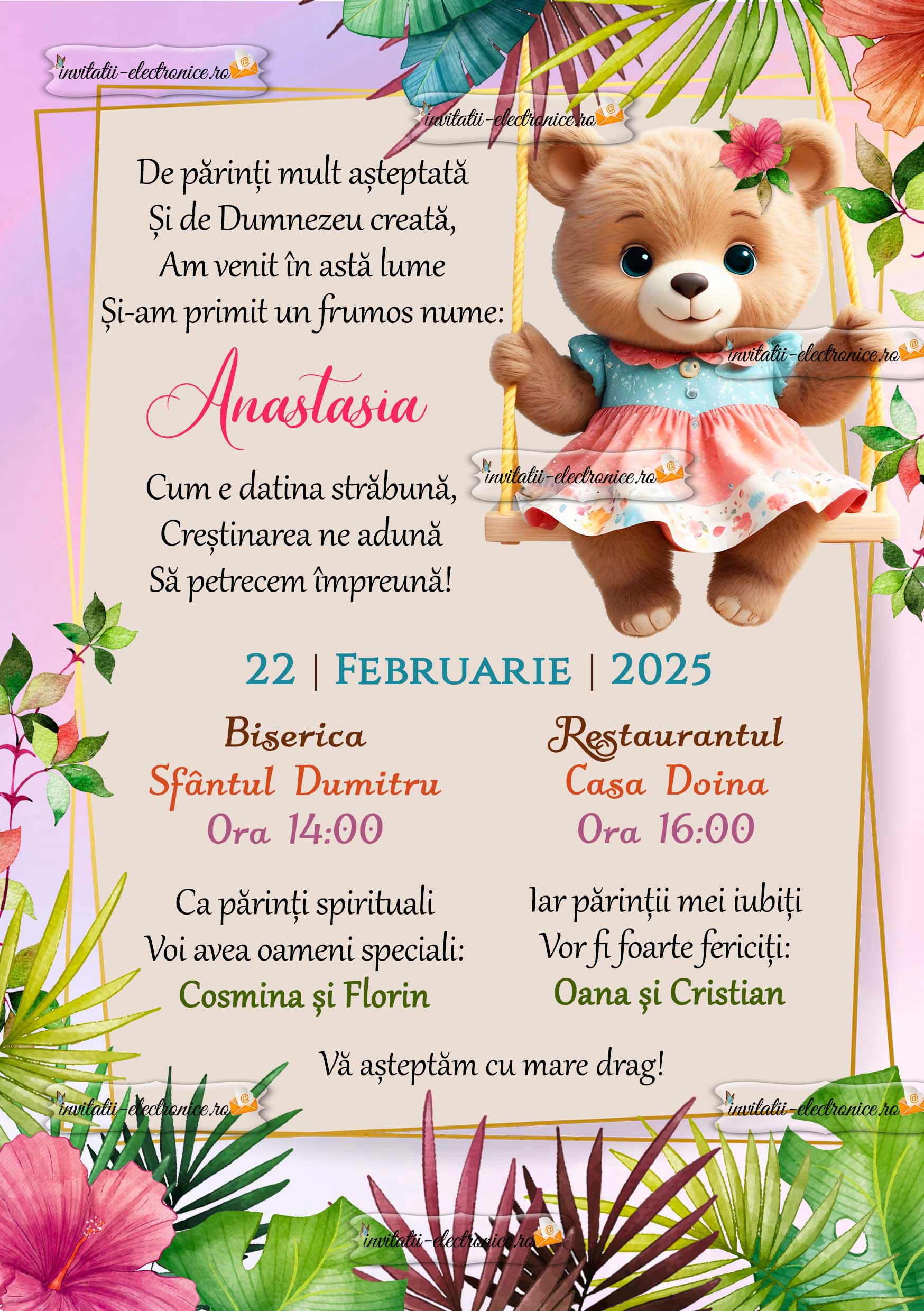 Invitatie la botez fetita cu ursulet si frunze