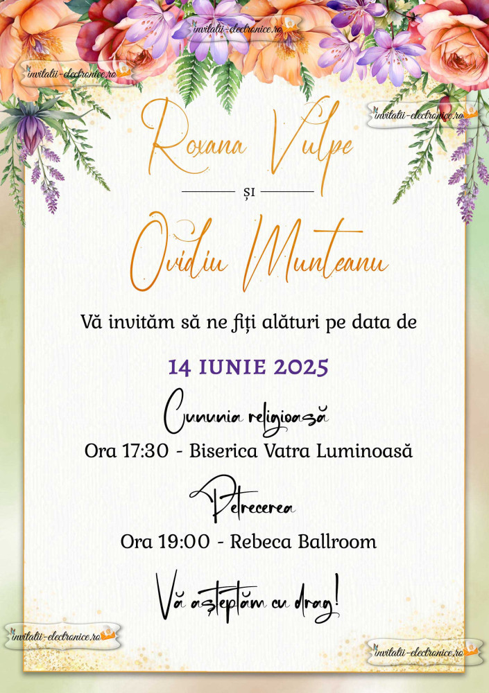 Invitatie de nunta cu flori si auriu