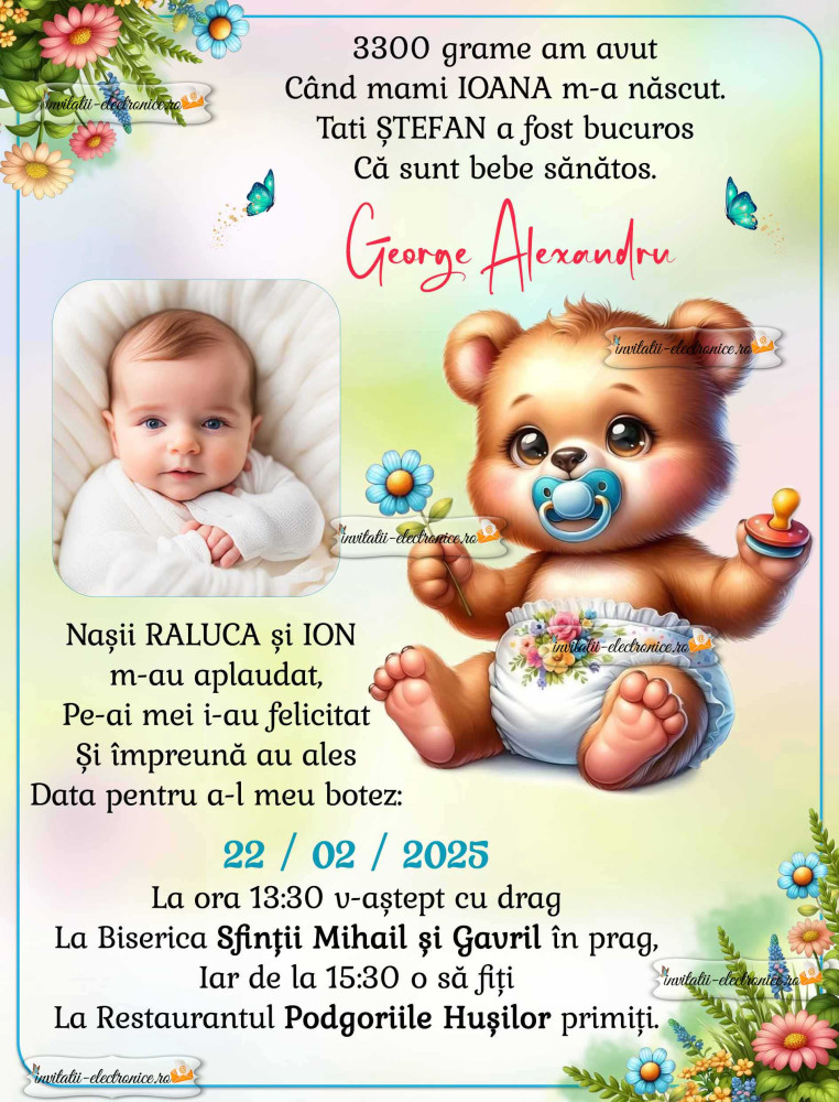 Invitatie la botez cu ursulet bebe