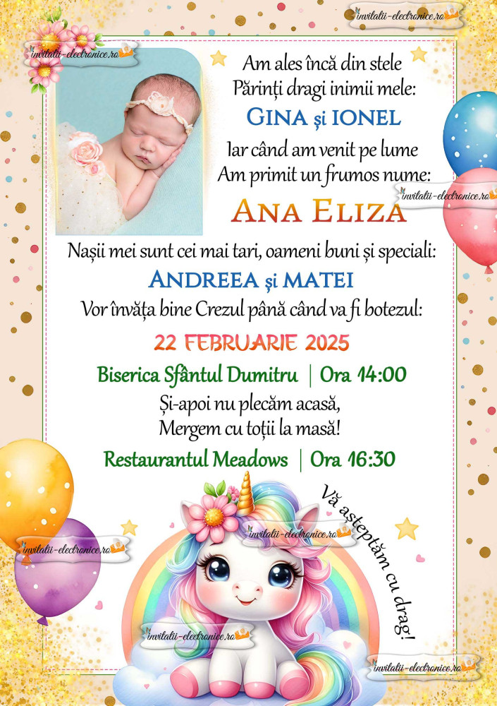 Invitatie cu unicorn si baloane