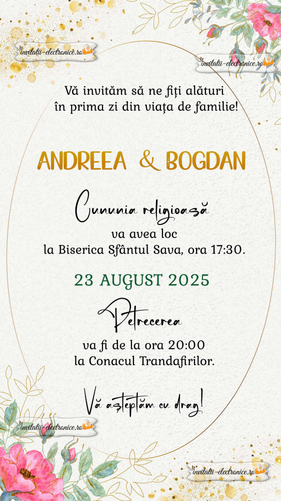 Invitatie de nunta cu auriu și flori 