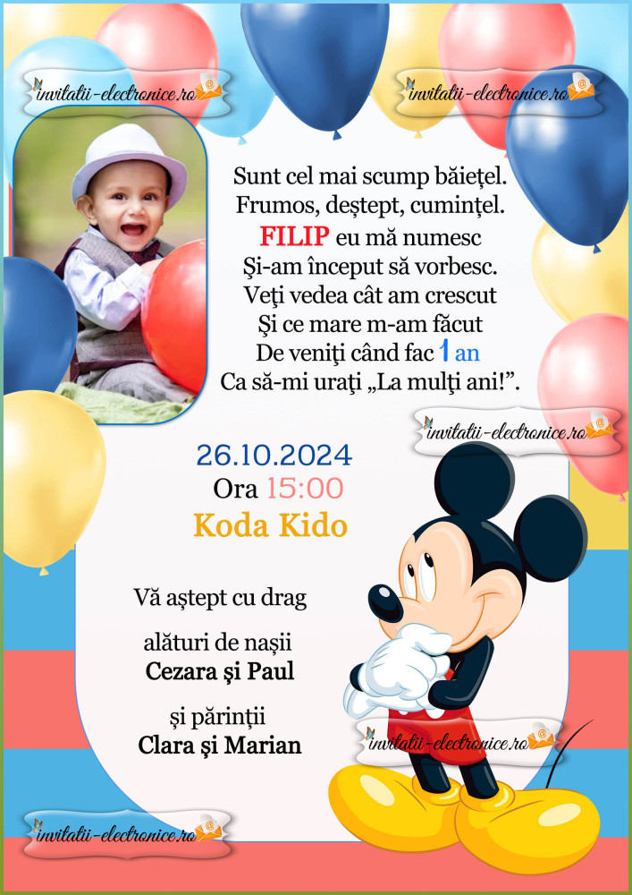 Invitatie cu Mickey Mouse si baloane