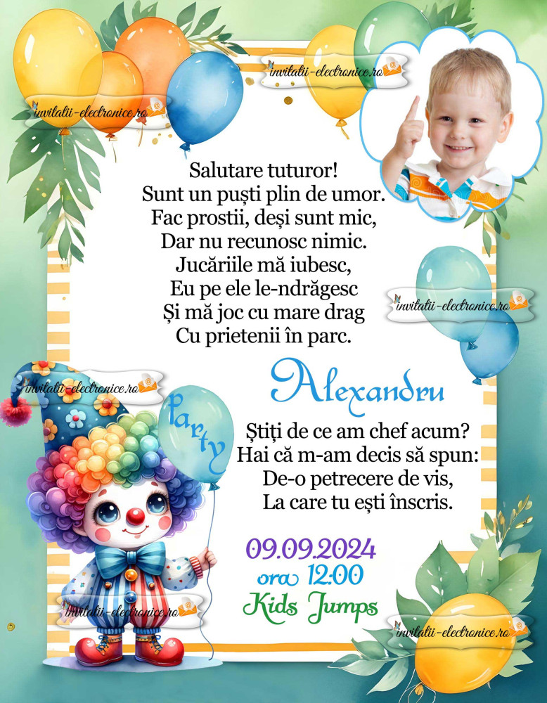 Invitatie la petrecere cu clovn si baloane