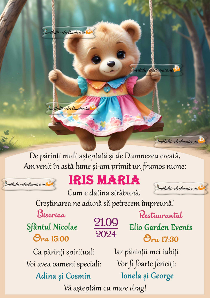 Invitatie de botez cu ursulet fetita