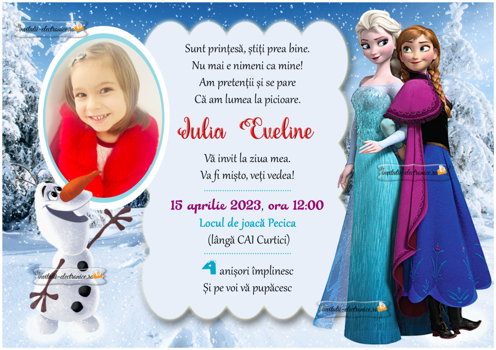 Invitatie cu Elsa, Ana si Olaf din Frozen