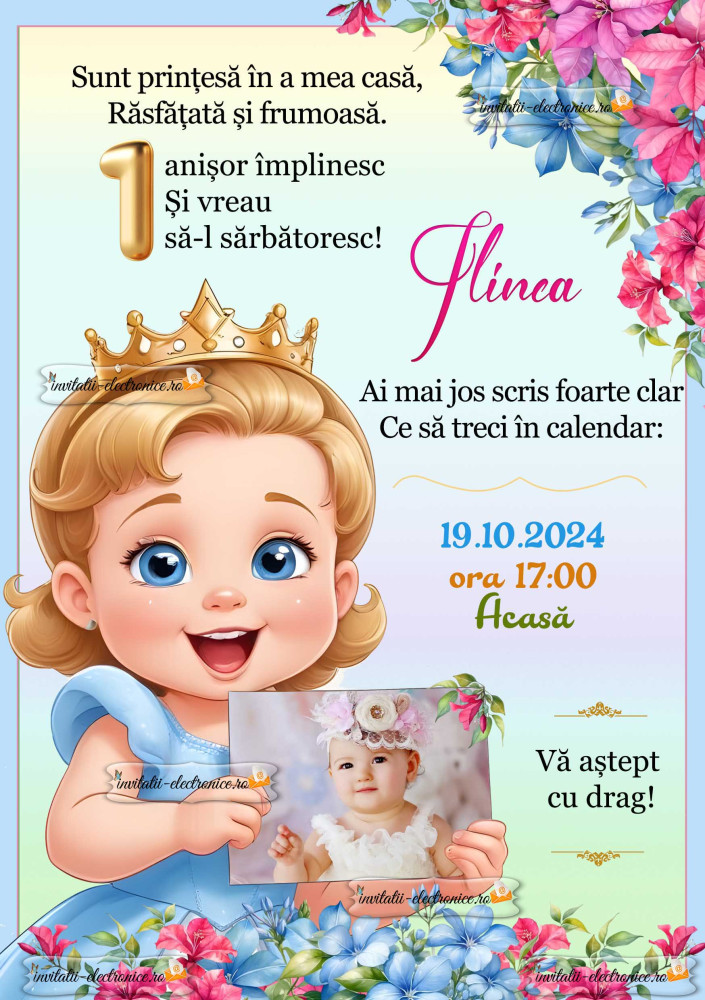 Invitatie cu printesa si flori