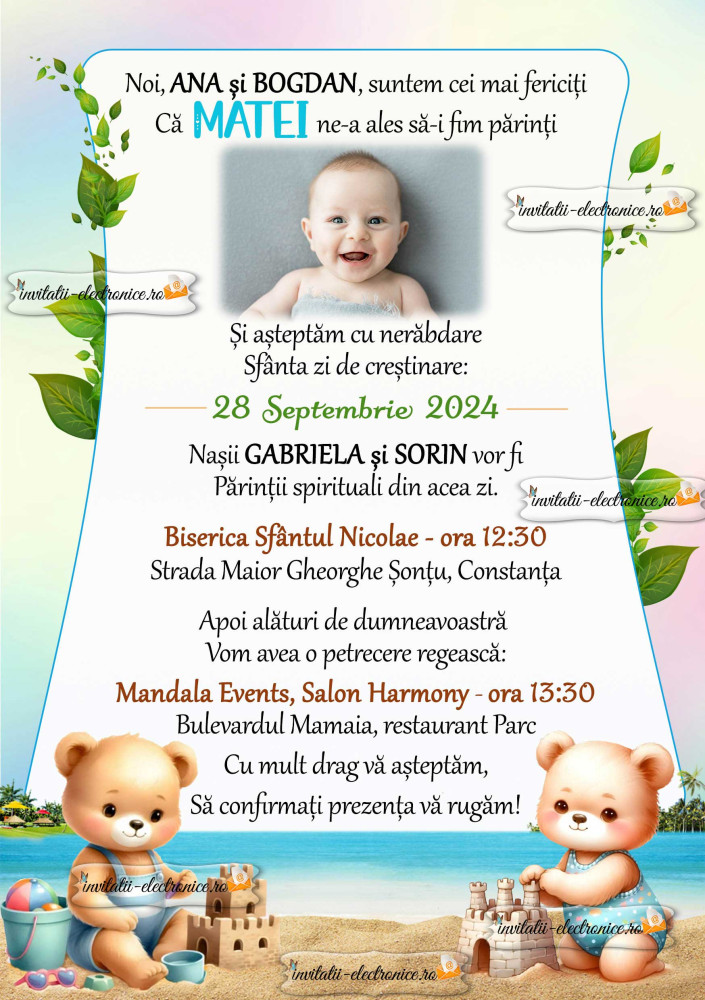 Invitatie de botez cu ursuleti