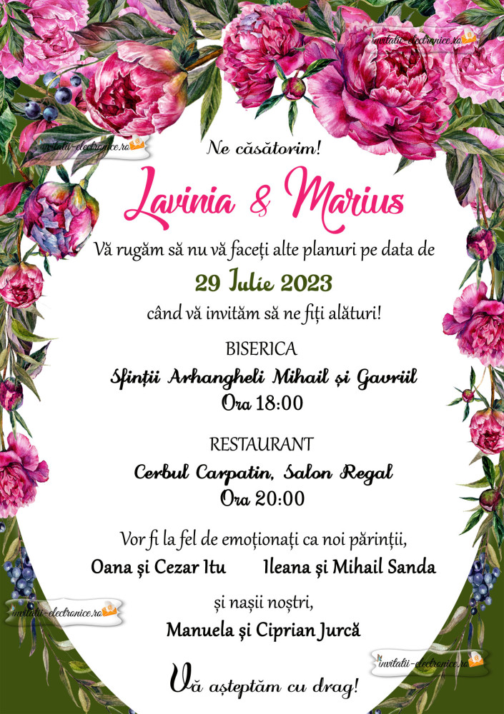 Invitatie la nunta cu bujori