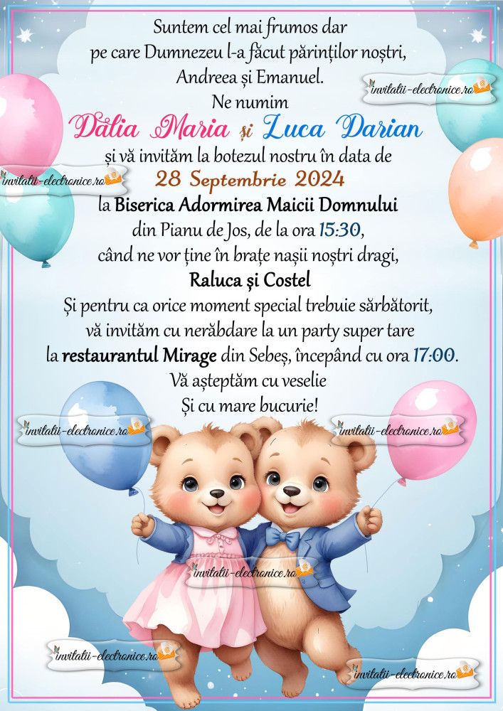 Invitatie la botez de gemeni fata si baiat