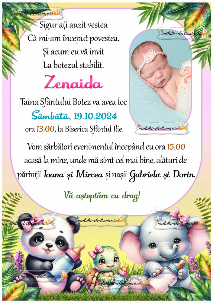 Invitatie la botez cu animale cu biberoane