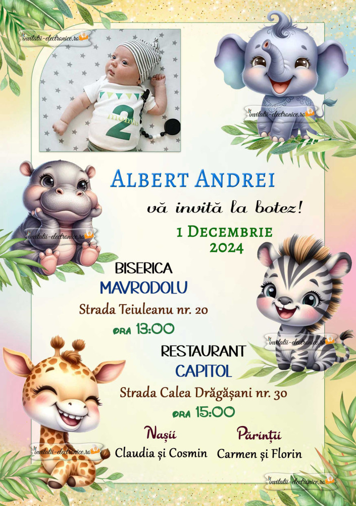 Invitatie la botez cu animale din jungla