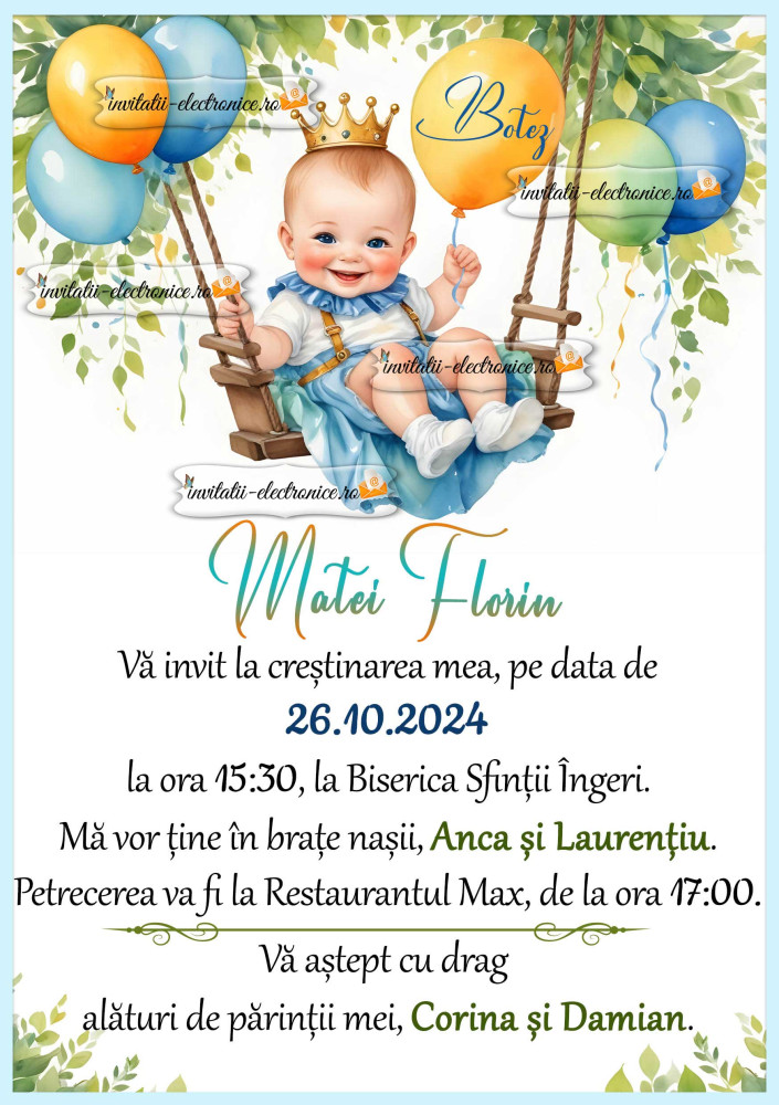 Invitatie la botez cu bebe in leagan