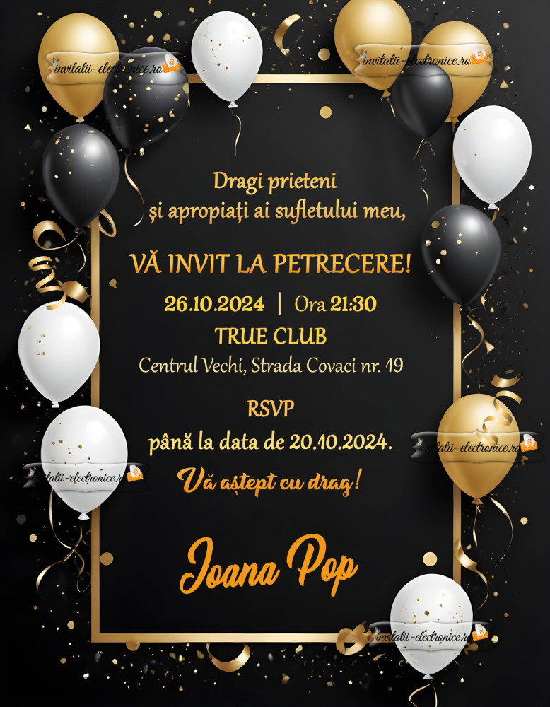 Invitatie cu alb, negru, auriu