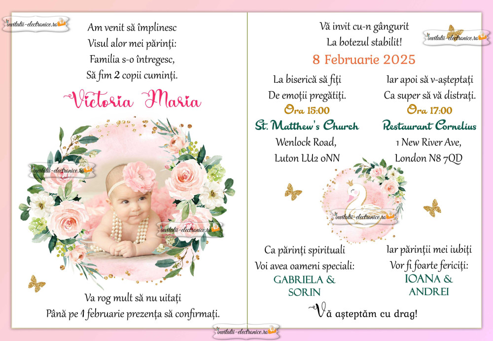 Invitatie de botez cu lebada, flori si fluturi 