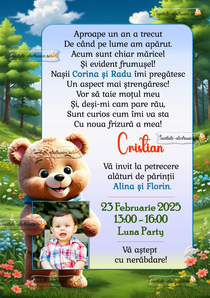 Invitatie la aniversare cu ursulet