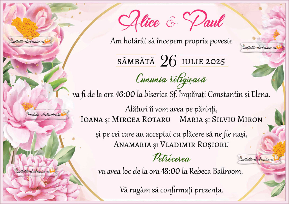 Invitatie la nunta cu bujori