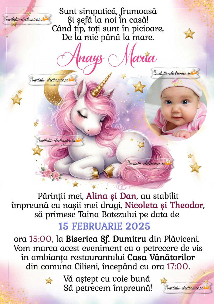 Invitatie de botez cu unicorn