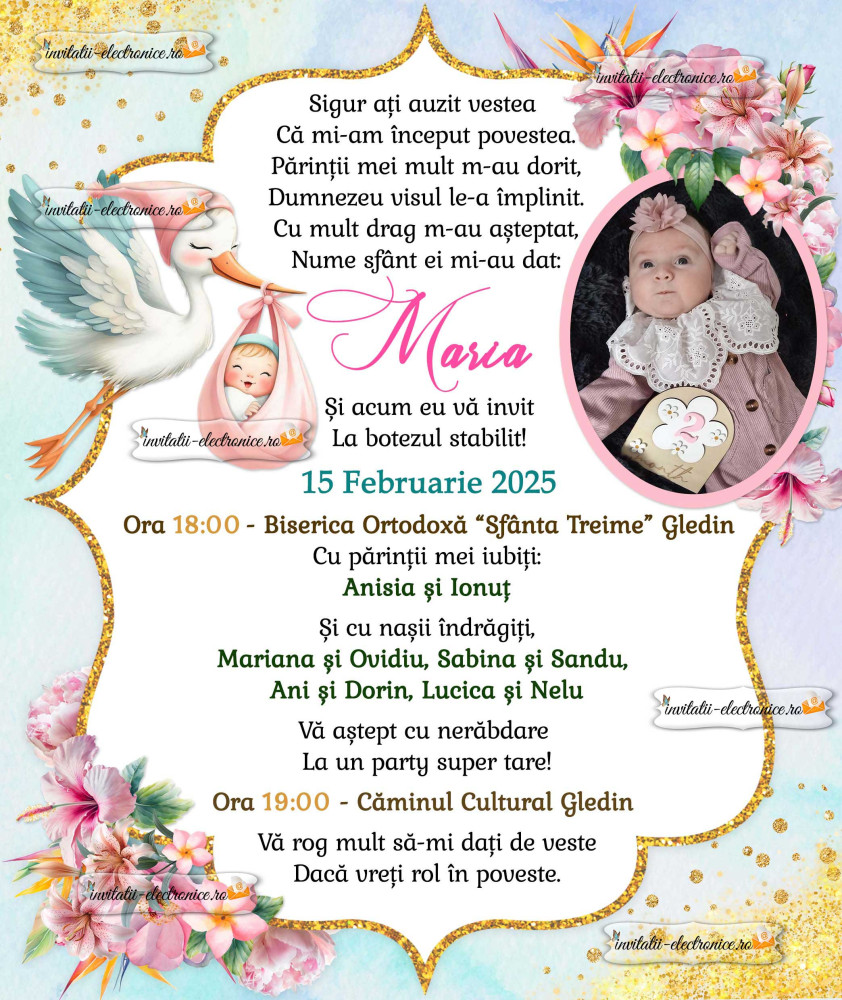 Invitatie de botez cu flori si auriu