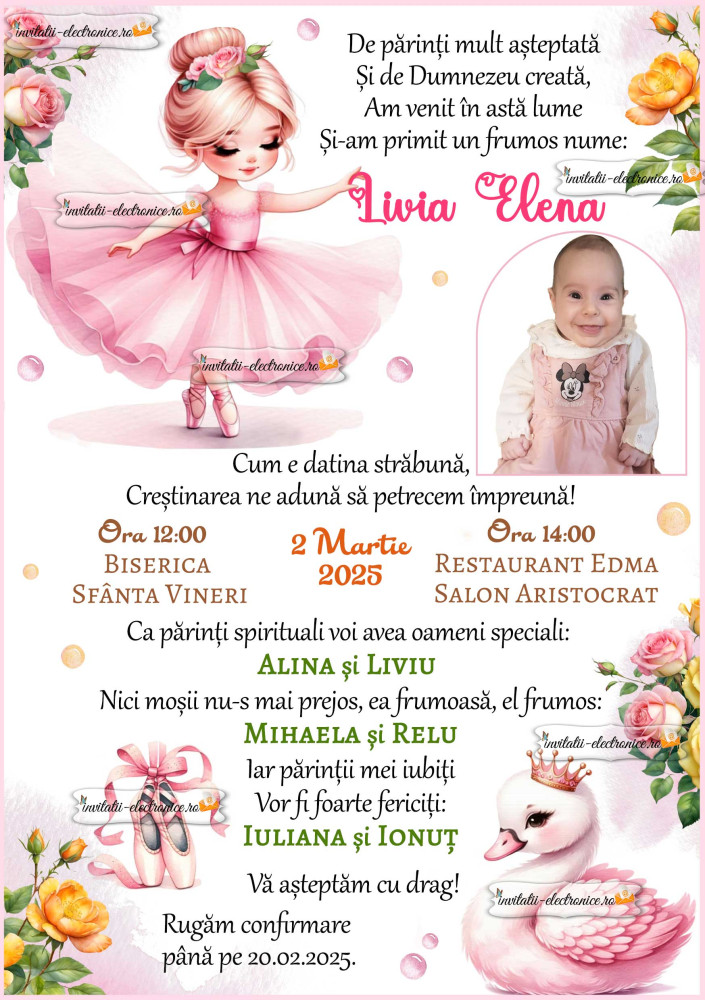 Invitatie la botez cu balerina si flori