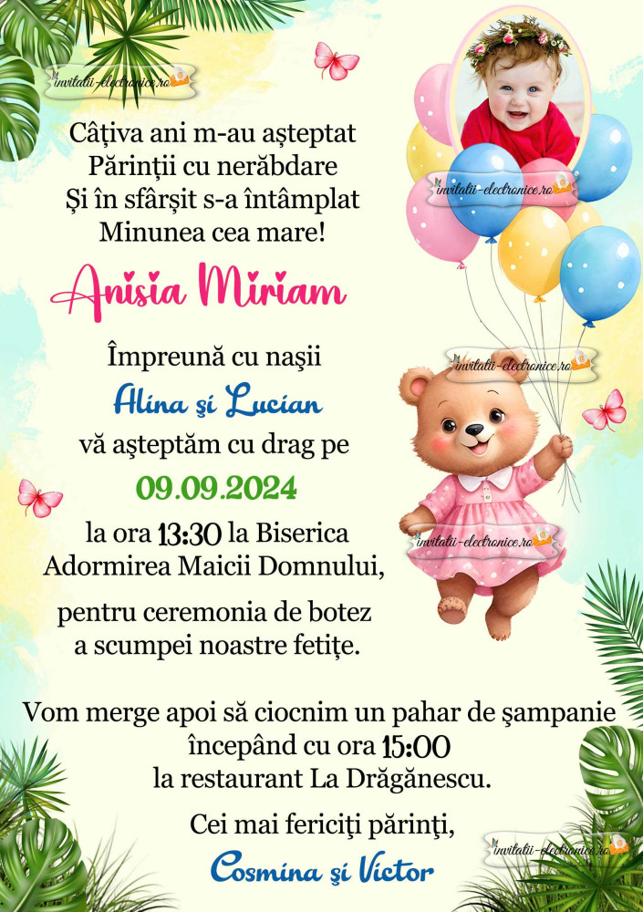 Invitatie de botez cu ursulet