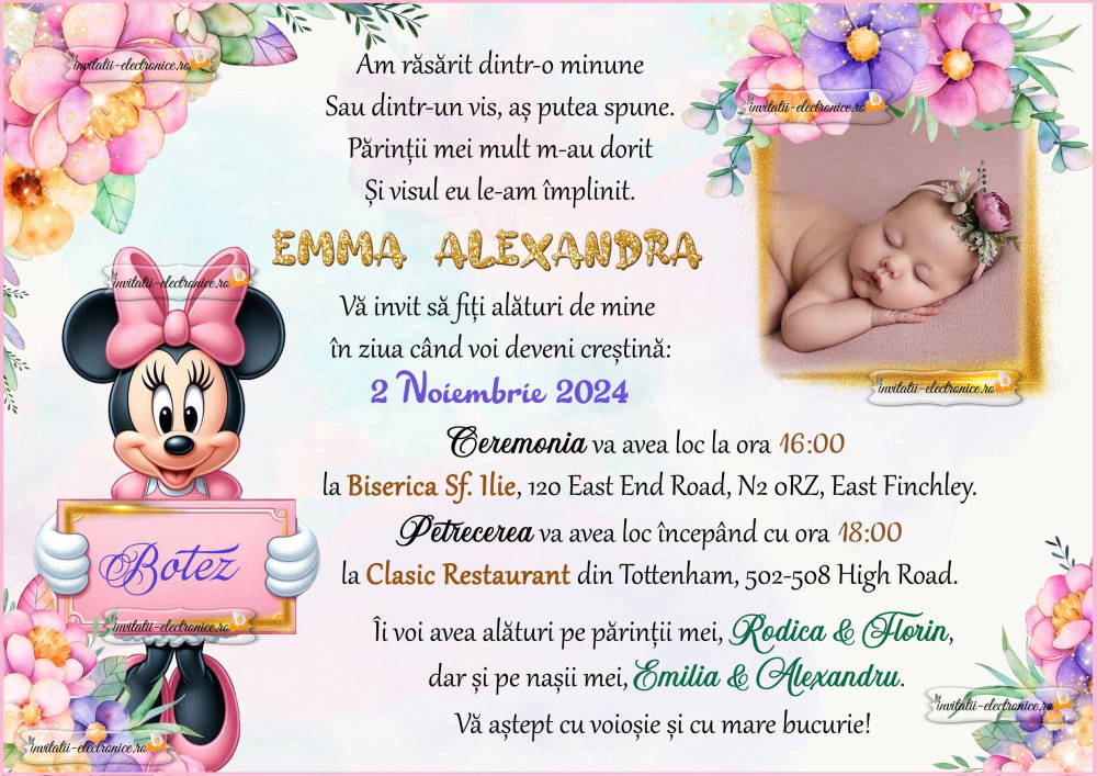 Invitatie de botez cu Minnie si flori