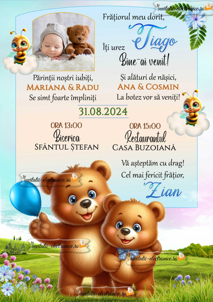 Invitatie de botez cu ursuleti si albinute