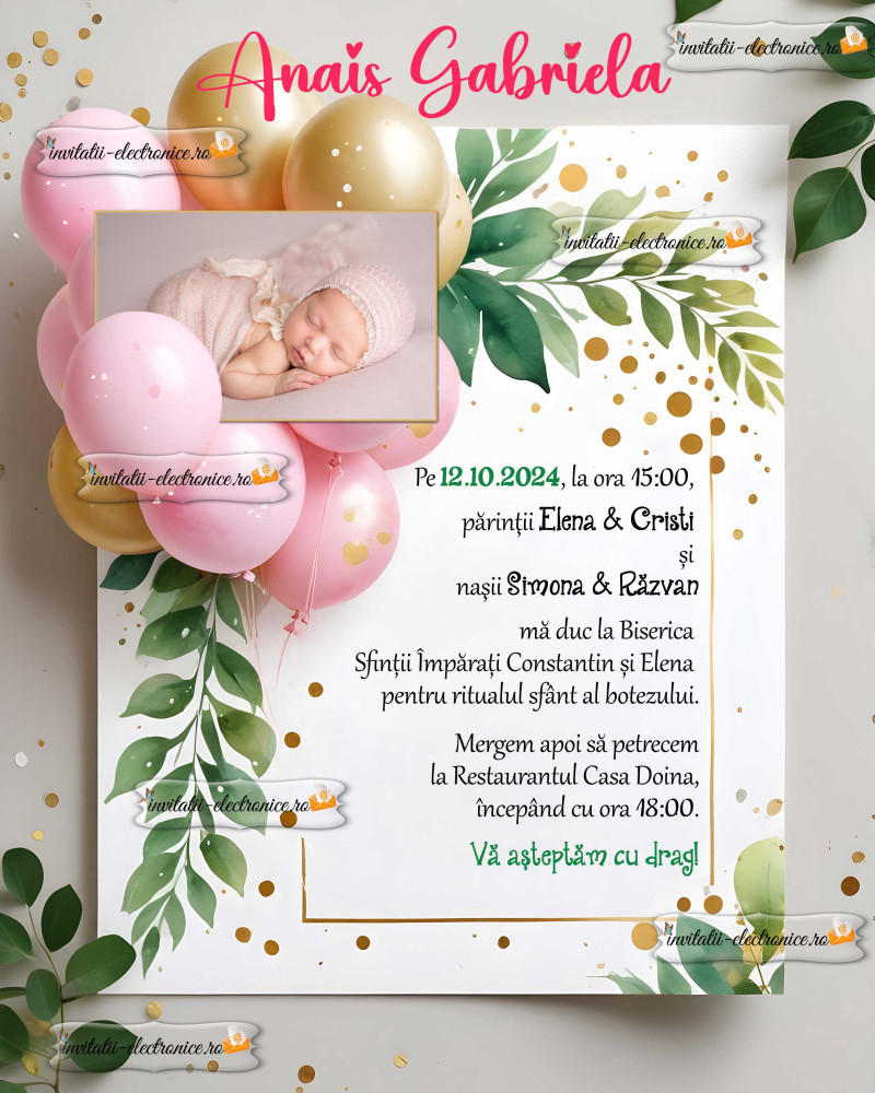 Invitatie watercolor botez fetita