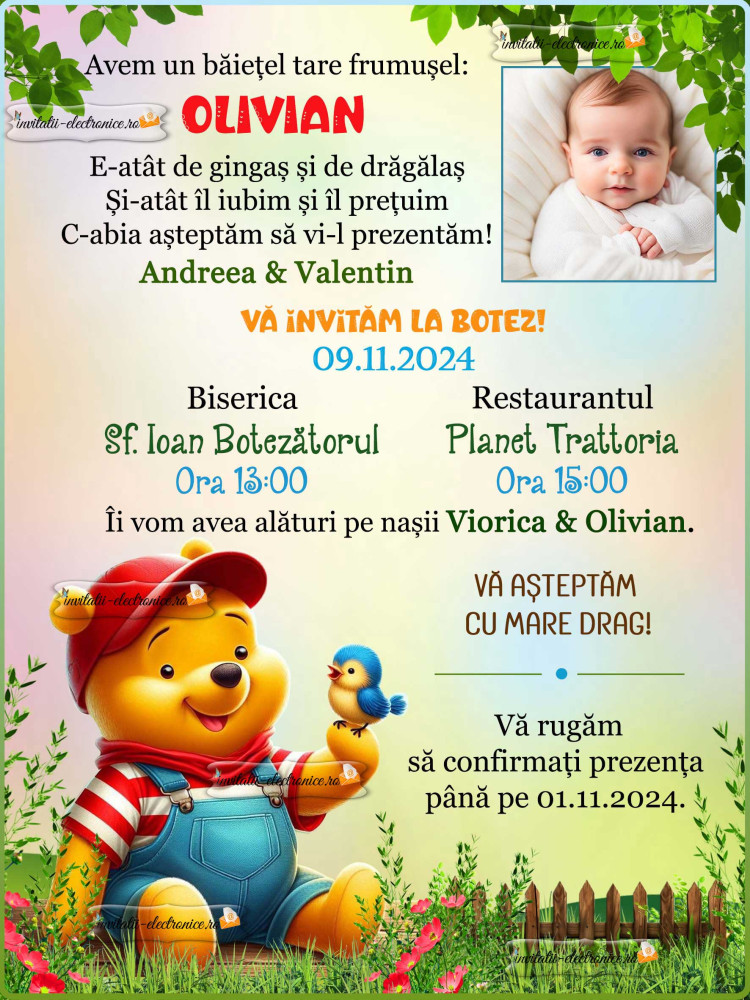 Invitatie de botez cu Winnie the Pooh