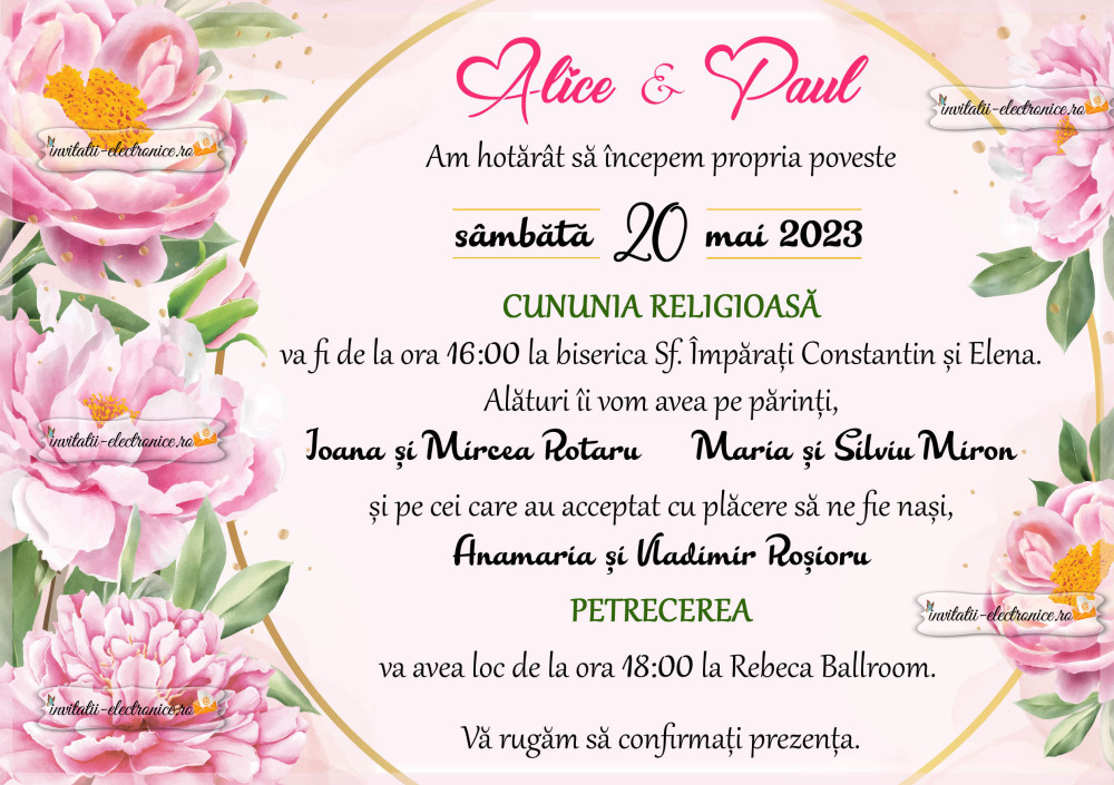 Invitatie la nunta cu bujori