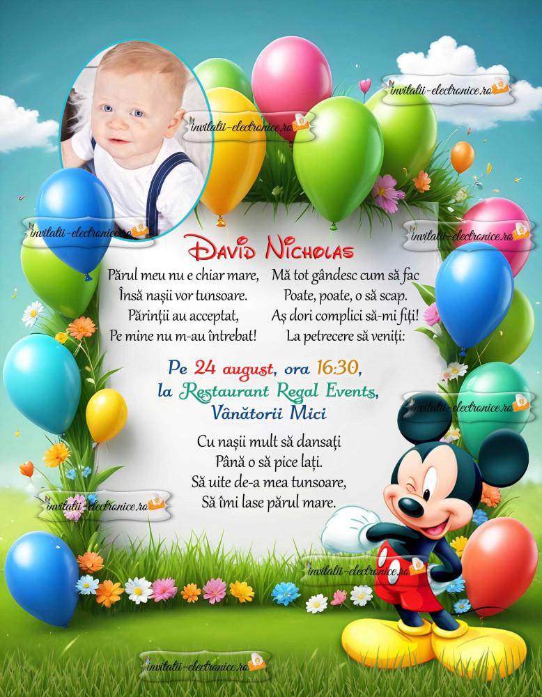 Invitatie la aniversare cu baloane si Mickey