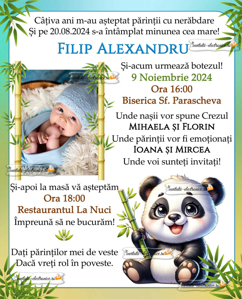 Invitatie de botez cu urs panda