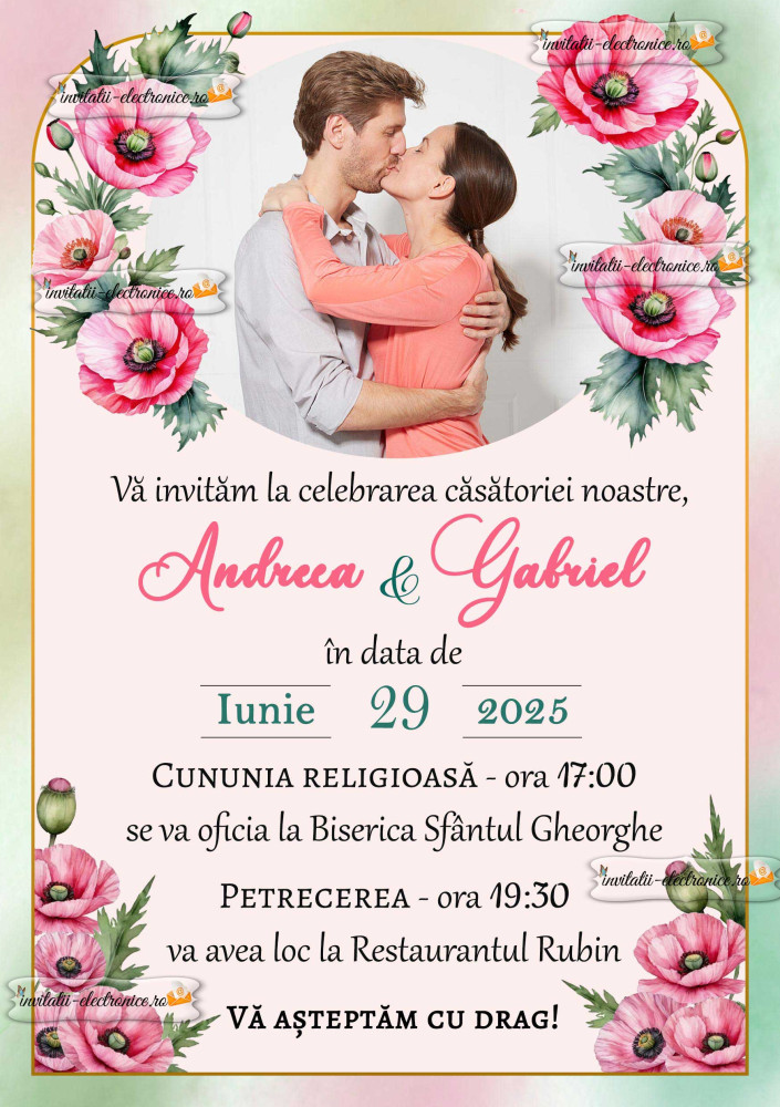 Invitatie de nunta frumoasa, cu maci