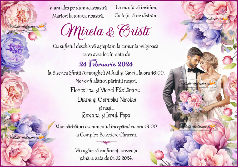 Invitatie de nunta cu bujori